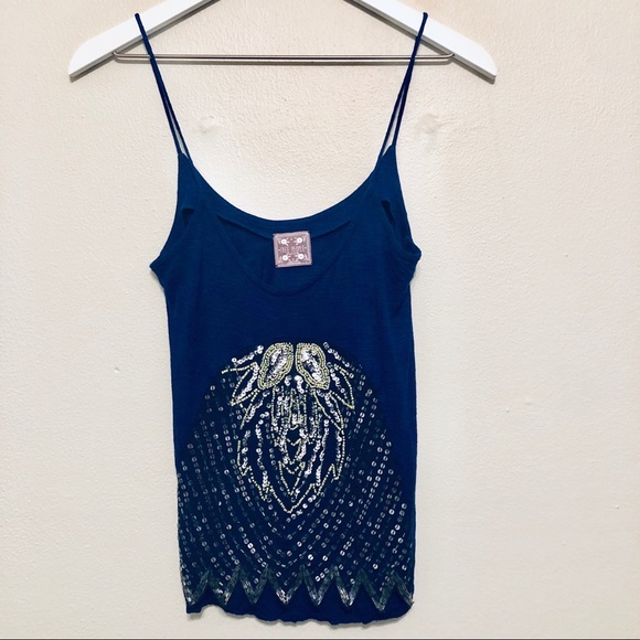 Free People Royal Blue Sequin Cami Spaghetti Strap, Soft 100% Viscose - Picture 1 of 7